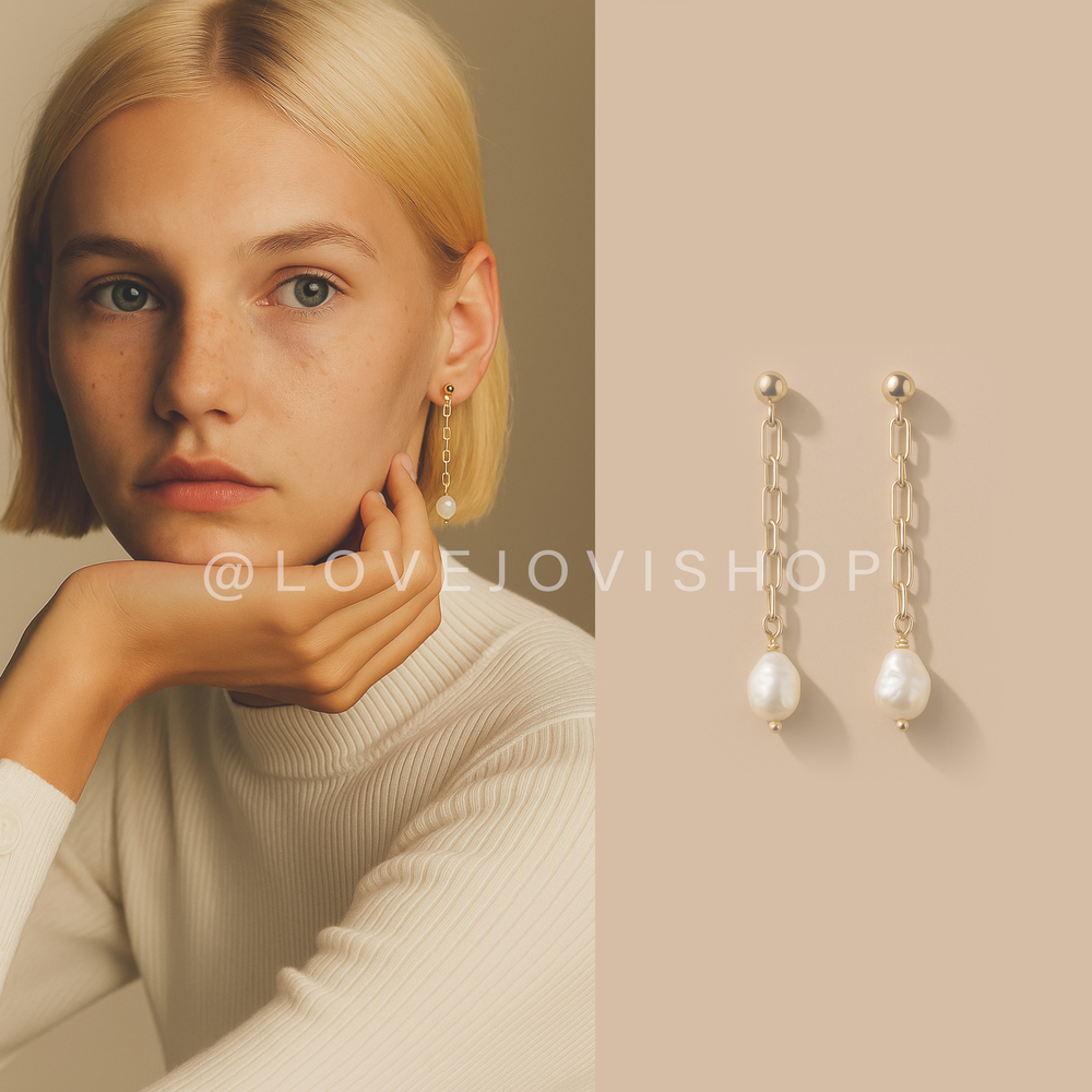 Feminine | Gold Tone Chain Drop Earrings w Faux Pearl Bead | Sezane Vibes